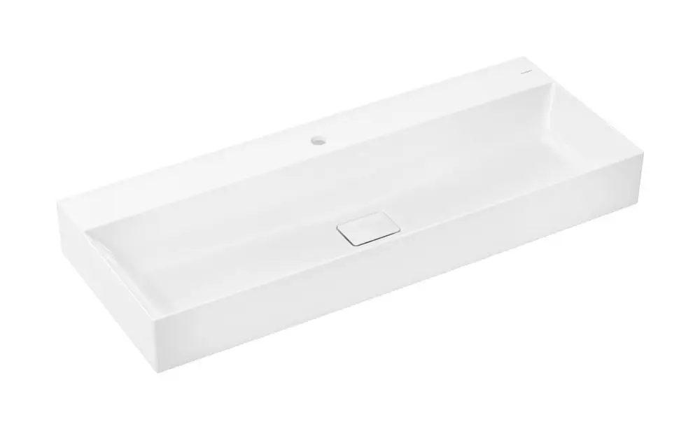 Weißer Waschtisch von Hansgrohe mit rechteckiger Form, mittigem Hahnloch und abgerundetem Rand, ohne Überlauf und mit integrierter SmartClean Technologie.